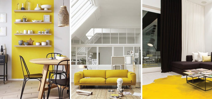 Yellow accents in kitchen and living room