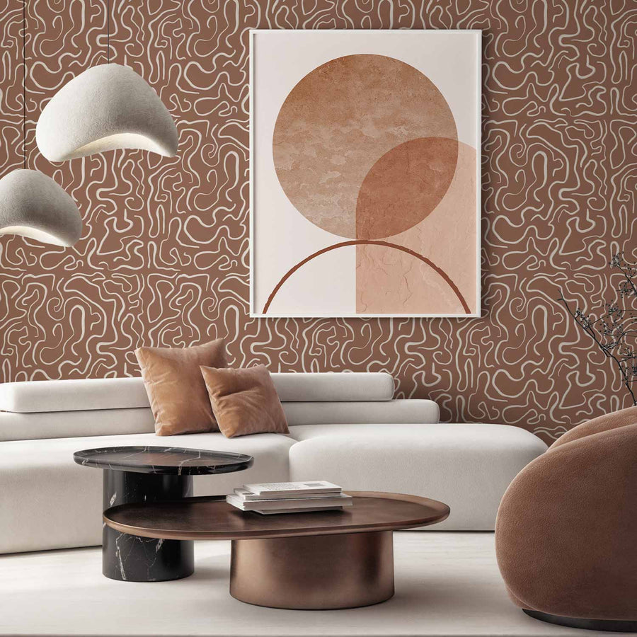 Abstract Funky Lines Wallpaper in Mocha Mousse