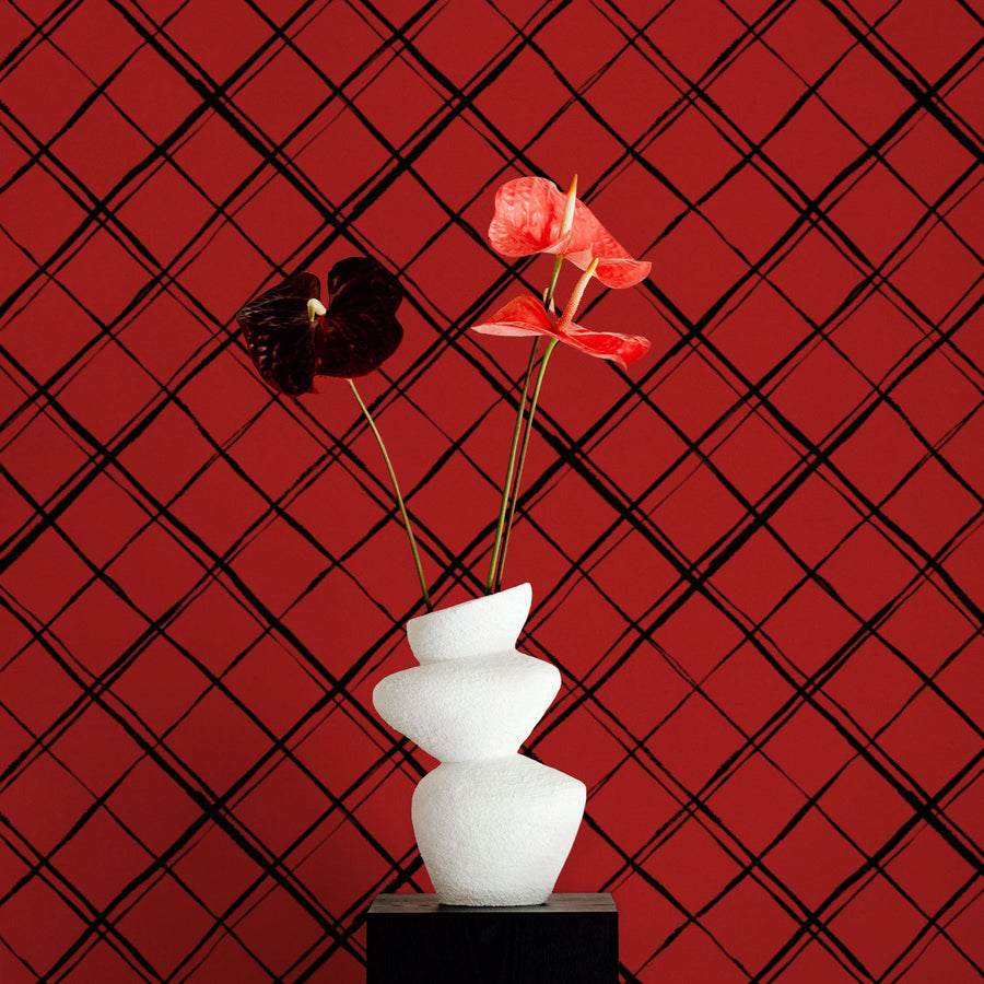 Red Minimal Plaid Print Removable Wallpaper
