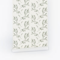 vintage green print removable wallpaper with olive tree pattern