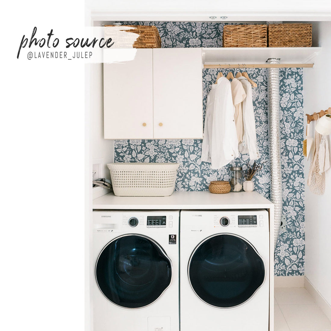 retro floral pattern wallpaper in dark blue for laundry room