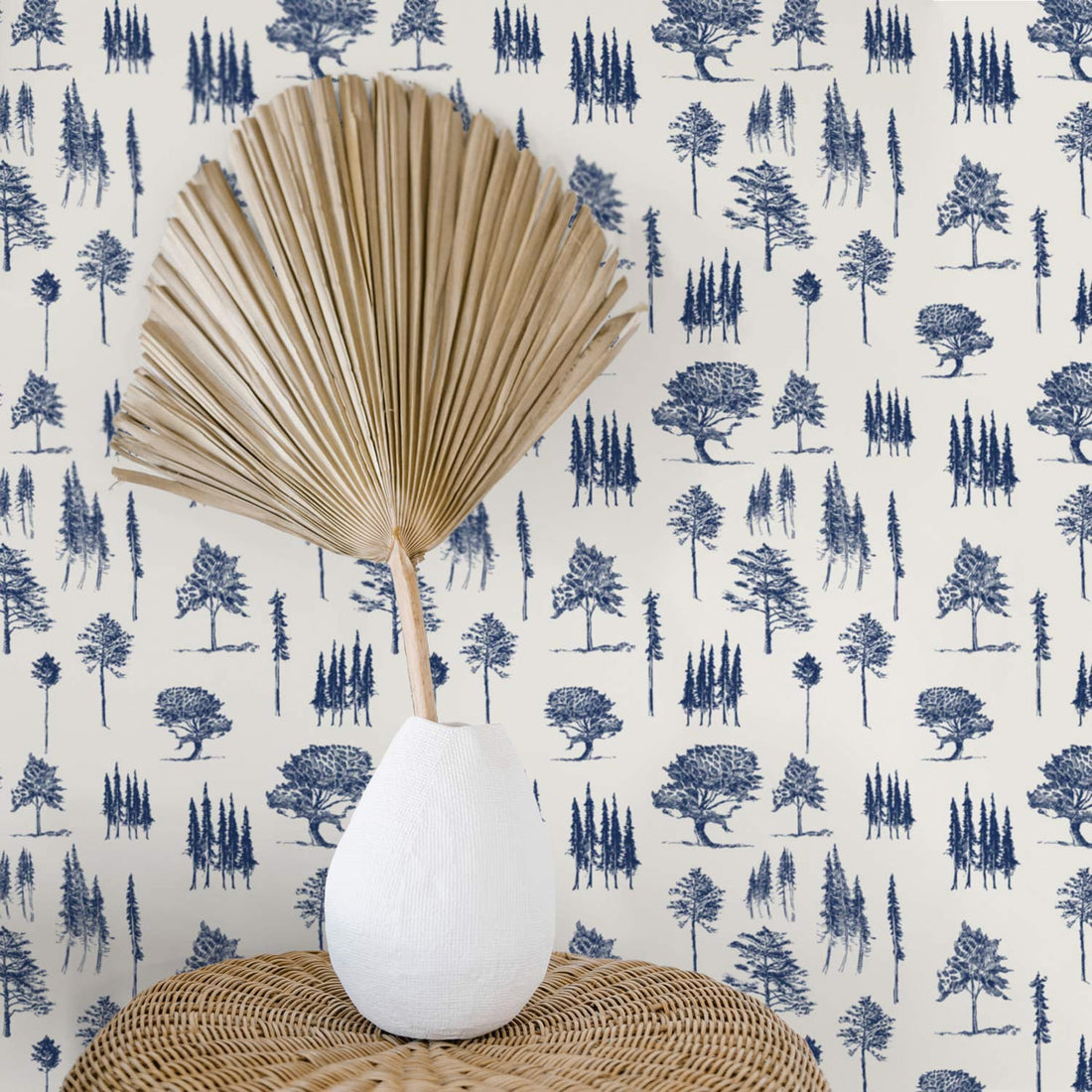 vintage style blue trees pattern wallpaper for kids room
