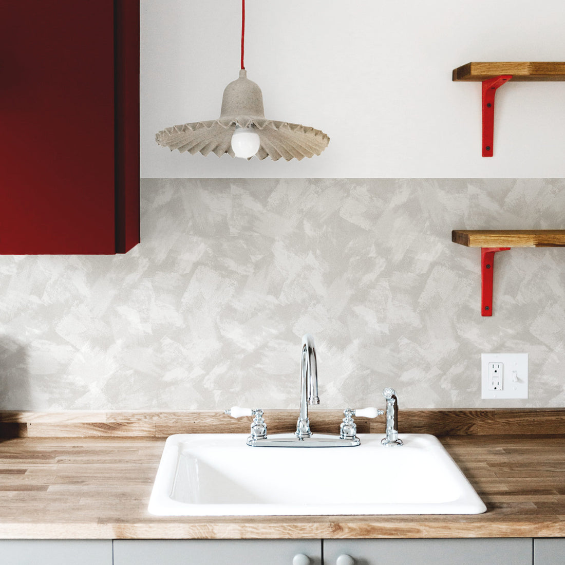 neutral limewash inspired backsplash in red kitchen