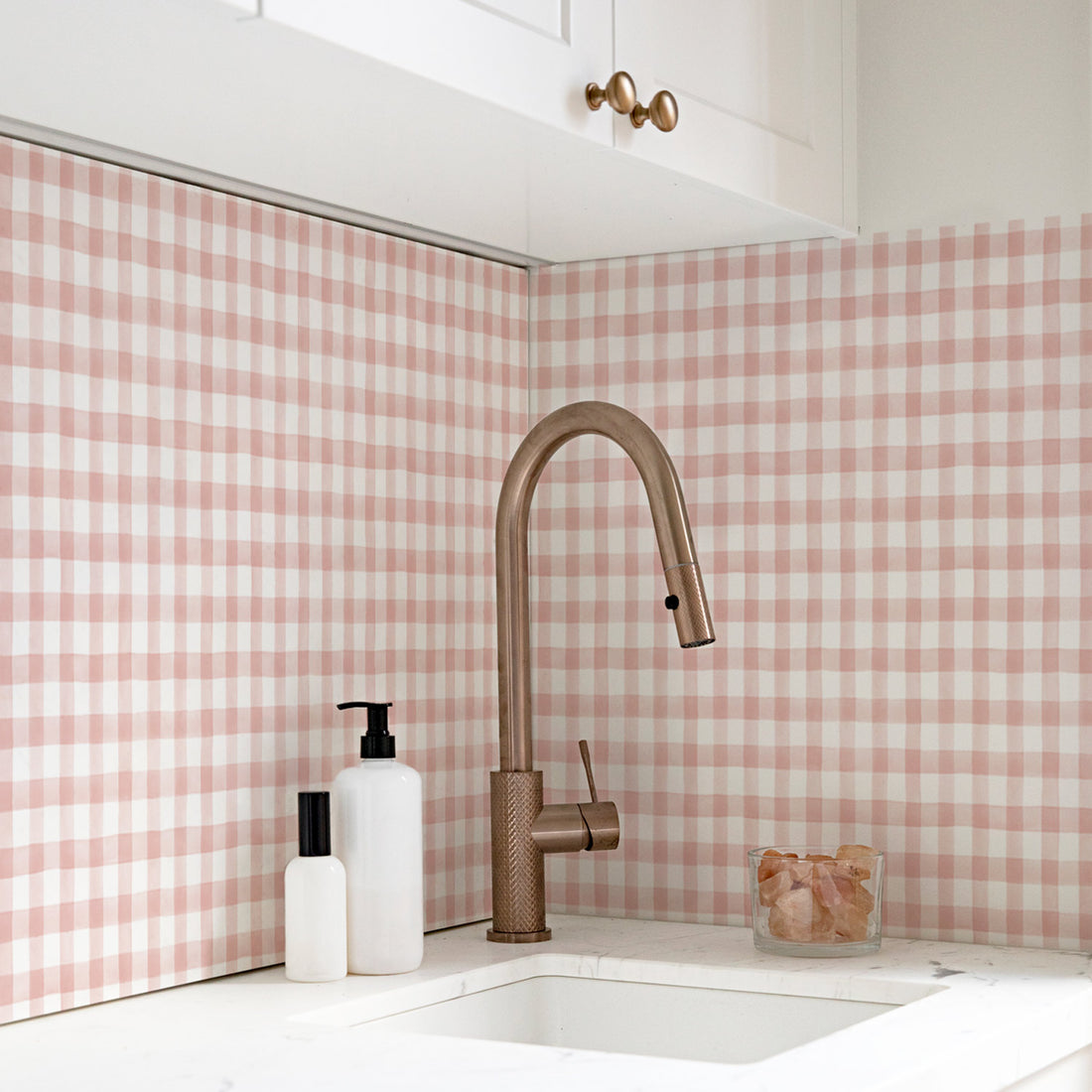 light pink plaid peel and stick backsplash